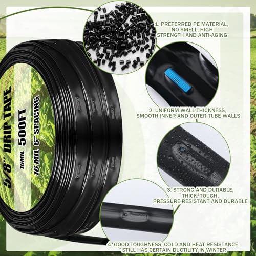 Tondiamo 500 ft 5/8 Inch Drip Tape Irrigation Tubing Kit 8 Mil 6" Spacing Hose Garden Landscape Irrigation System Automatic Equipment for Farms