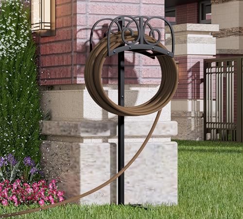 Upgraded Garden Hose Holder Stand with 4 Spikes - Heavy Duty Metal Water Hose Reel, Hose Organizer, Holds 150ft Hose for Outside Yard Lawn, Black