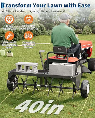40/48-Inch Tow-Behind Lawn Plug Aerator with Universal Hitch, Heavy-Duty Galvanized Steel & 10-Inch Inflatable Traction Wheels, Adjustable Weight Tray for Residential/Commercial Lawns, Gardens, Farms