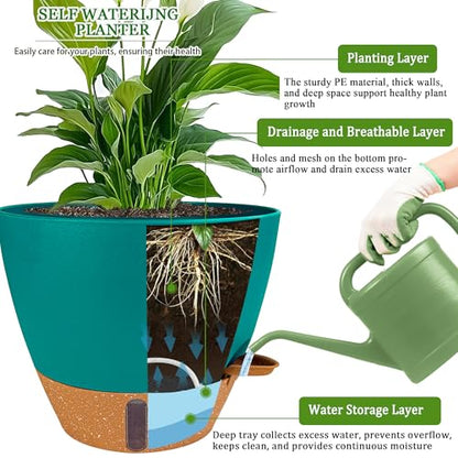 2 Pack 10 inch Plant Pots, Plastic Self Watering Planters - color: Turquoise, size: 10 inches