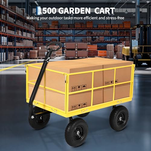 Heavy Duty 1500 lbs Steel Garden Cart, 3-in-1 Outdoor Utility Wagon with Removable Mesh Sides, 13" All-Terrain Wheels, 180° Rotating Handle for Lawn, Backyard, Farm & Gardening - color: Yellow