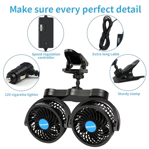 Alagoo 12V Car Fan, Adjustable 4 Inches Dual Head Car Clip Fan for Front/Rear Seat Passenger, 360° Rotatable Cars Fans with Stepless Speed Regulation for Car/Vehicle SUV, RV - color: Cigarette Dual Fan - Clip