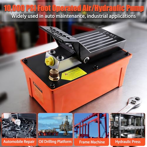 10,000 PSI Foot Operated Air/Hydraulic Pump, 98 in³ Oil Tank/1.6 L Heavy Duty Pneumatic Hydraulic Foot Pump with 1/4 NPT Air Inlet & 3/8 NPT Oil Outlet, for Presses, & Hydraulic Pullers