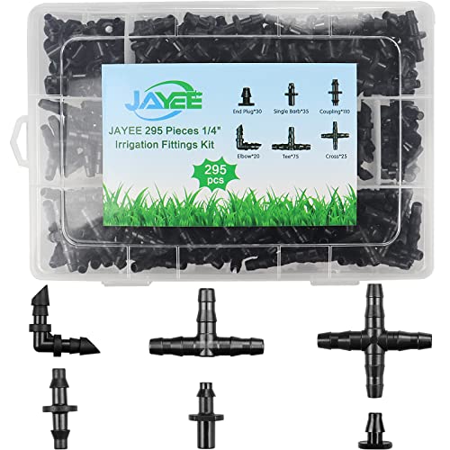 295 Pcs Drip Irrigation Fittings Kit for 1/4" Tubing - 110 Straight Barbs,35 Single Barbs,75 Tees,20 Elbows,30 End Plug,25 4-Way Coupling - Barbed Connectors Fittings for Sprinkler Systems - color: 295P SET