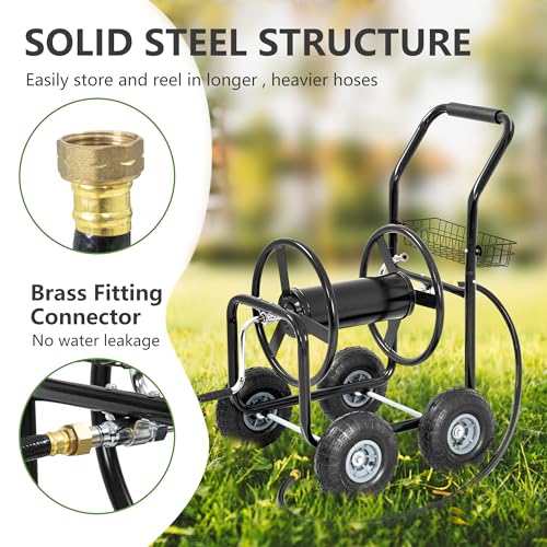 Hose Reel Hold Up To 300 Ft Heavy Duty Garden Hose Reel Sturdy Water Hose Reel Cart with 4 Wheels Storage Basket for Garden Lawn Yard Outdoor (Black) - color: Black