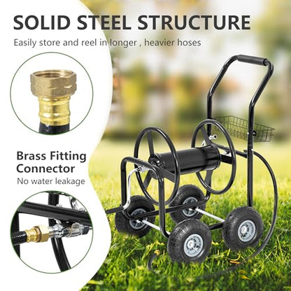 Hose Reel Hold Up To 300 Ft Heavy Duty Garden Hose Reel Sturdy Water Hose Reel Cart with 4 Wheels Storage Basket for Garden Lawn Yard Outdoor (Black) - color: Black