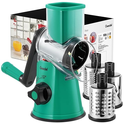 Geedel Rotary Cheese Grater Hand Crank, Cheese Shredder Vegetable Slicer - color: Dark Green, style: 3 Blades