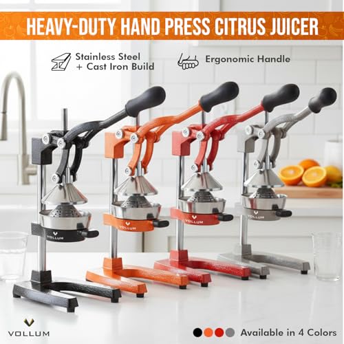 Manual Fruit Juicer,Commercial Grade Home Citrus Lever Squeezer for Oranges, Lemons, Limes, Grapefruits and More,Stainless Steel and Cast Iron,Non-skid Suction Cup Base,15 Inch,Black,by Vollum - color: Black