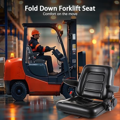 Universal Forklift Seat, Fold Down Tractor Seat with Adjustable Angle Back Armrest, Slot Forklift Seat for Tractor Excavator Skid Loader Backhoe Dozer Telehandler
