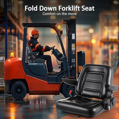 Universal Forklift Seat, Fold Down Tractor Seat with Adjustable Angle Back Armrest, Slot Forklift Seat for Tractor Excavator Skid Loader Backhoe Dozer Telehandler