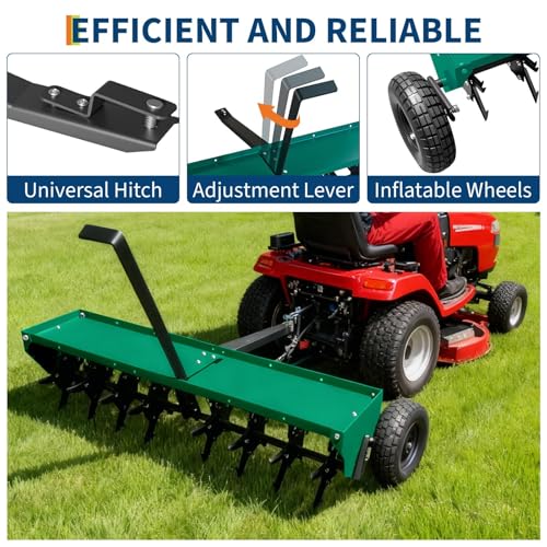 48" Tow Behind Lawn Plug Aerator with 30 Galvanised Steel Tines, Heavy Duty Pull Behind Plug Aerator with Universal Hitch, 3 in Spikes, Inflatable Wheels & Tray for Gardens, Lawns, Farms, Green - color: Green