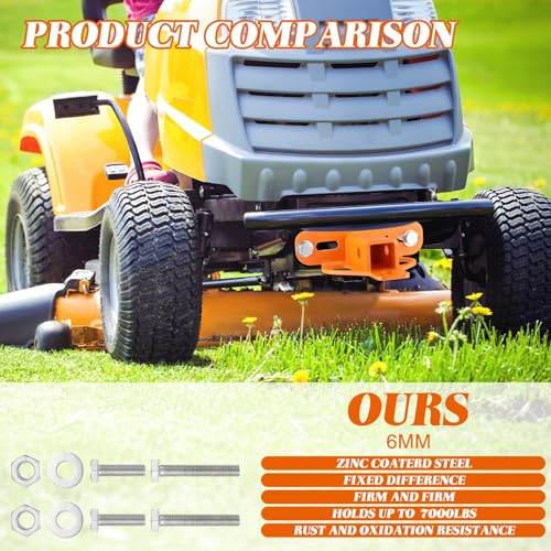 Duraaamo Zero Turn Lawn Mower Hitch with 1-1/4 Receiver 6mm Thicker Heavy Duty Steel Trailer Receiver, 1-1/4 Mower Hitch Versatile Chain Slot with Carriage Bolt Hardware Accessories(Orange)