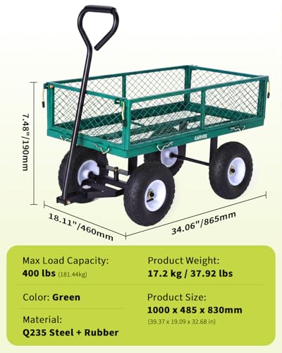 Heavy Duty 400 lbs Steel Garden Cart Wagon – Utility Yard Cart – 10" All-Terrain Pneumatic Tires – Removable Mesh Sides, Waterproof Liner – Easy Maneuvering for Lawn, Farm, Landscaping – - color: Green