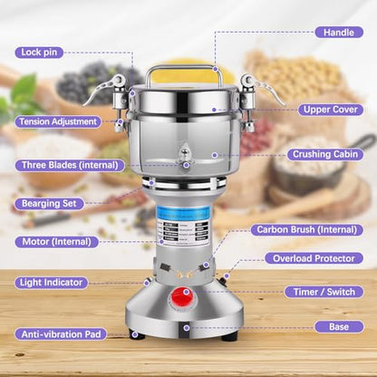 Heavy-Duty Electric Grain Mill Grinder – 2000W 750g Capacity 304 Stainless Steel Commercial Grade for Grinding Dry Grains, Coffee, Spices – High-Speed Motor, Easy Clean, Overload Protection - size: 750G
