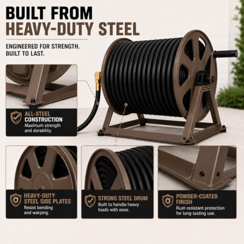 Dual Floor and Wall Mounted Garden Hose Reel, Holds 200ft of Water Hose, Heavy Duty Metal Hose Reel, Space Saving Hose Reel Organizer for Yard, Garage & Shed (Brown) - color: Brown