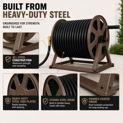 Dual Floor and Wall Mounted Garden Hose Reel, Holds 200ft of Water Hose, Heavy Duty Metal Hose Reel, Space Saving Hose Reel Organizer for Yard, Garage & Shed (Brown) - color: Brown