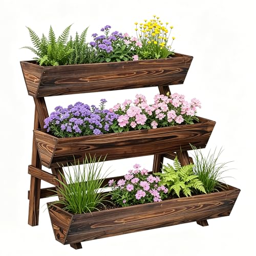 3-Tier Vertical Wooden Raised Garden Bed, Garden Planter Box,Carbonized - color: Carbonized, size: 3-Tier Large