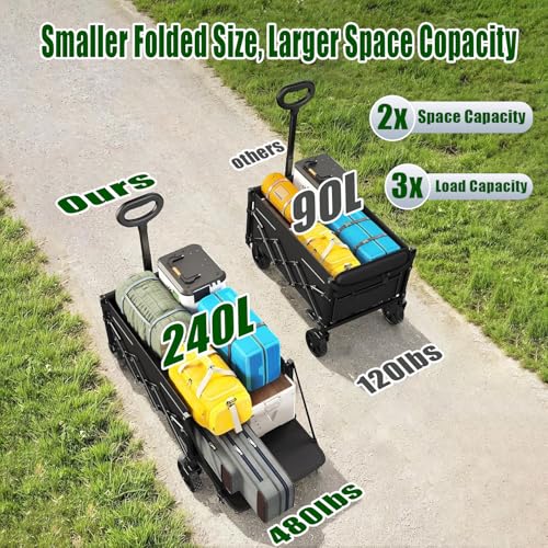 Collapsible Wagon Cart Foldable with Tailgate, 240L 480lbs Capacity, Heavy Duty Beach Wagon with Wheels Brake, Shopping Carts for Grocery, Camping, Garden Cart - size: 240L