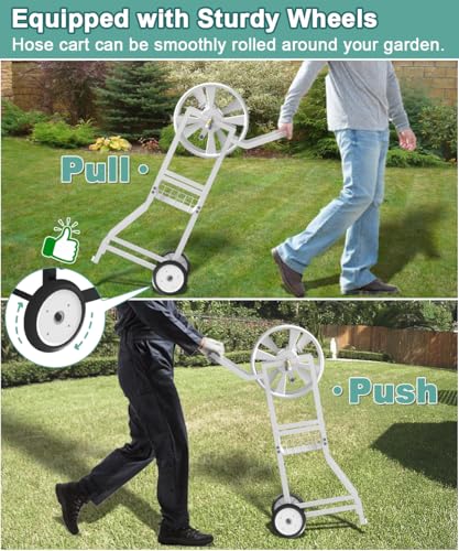 Artigarden Garden Hoses Reel Cart with Wheels, Outdoor Heavy Duty Powder Coated Steel Water Winder Storage Holds 125 ft 5/8" Hose with 3.9ft Leader Hose and Basket for Backyard, Yard, Lawn, White - color: White