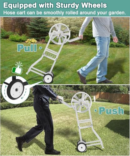Artigarden Garden Hoses Reel Cart with Wheels, Outdoor Heavy Duty Powder Coated Steel Water Winder Storage Holds 125 ft 5/8" Hose with 3.9ft Leader Hose and Basket for Backyard, Yard, Lawn, White - color: White