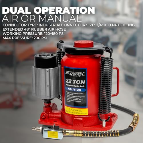 Stark USA 32-Ton Air Hydraulic Bottle Jack, 64,000 lb Capacity Low Profile Heavy Duty Manual & Air-Operated Bottle Jack with Handle for Trucks, Buses, RVs, Farm Equipment & Industrial Vehicles - size: 32 Ton Pneum Low Profile