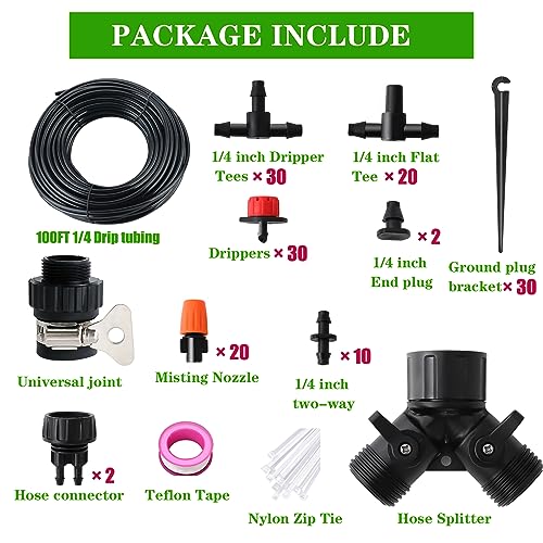 Drip Irrigation Kit, 1/4" Blank Distribution Tubing - size: 100FT Tubing + 147 PC Dripper