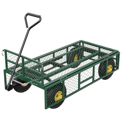 Garden Dump Cart with Removable Sidewalls, 900 LBS Heavy Duty Steel Dump Wagon with 180° Swivel Handle & 10-inch Tires, Yard Cart Utility Wheelbarrow for Backyard Farm, Green