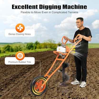 63CC 2-Stroke Hand Push Post Hole Digger with Wheel, 12" Auger Bit - color: 63CC, Orange