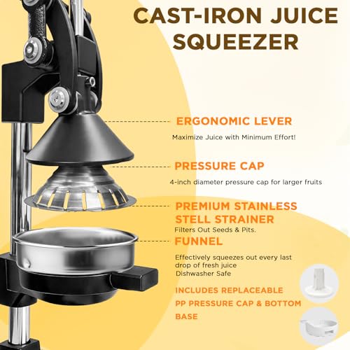 Cast Iron Juicer,Manual Juicer Hand Press,Orange Lemon Squeezer,Heavy Duty Manual Juicer,Professional Citrus Juicer Fruit Juice -Stainless Steel,Easy to Clean Black - color: Black