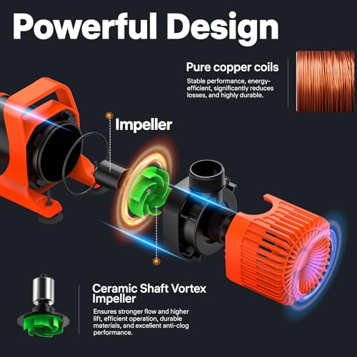 DOKO Submersible Water Pump, 6600GPH Pond Pump with 20FT Power Cord and 26 FT Lift Heigh,500W Ultra Quiet Fountain Water Pump for Pond, Aquarium, Waterfall, Fish Tank, Hydroponic, Orange Black - size: 500W 6600GPH