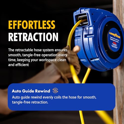 Goodyear Air Hose Reel Retractable 3/8" Inch x 50' Foot Hybrid Polymer Hose Max 300PSI Commerical Polypropylene Construction - color: Air/Water Reel