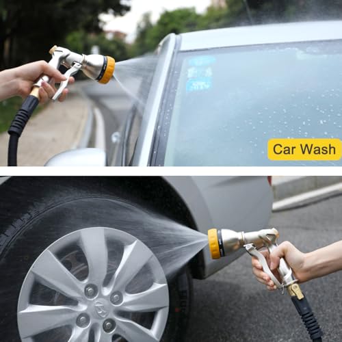 FANHAO Metal Garden Hose Nozzle Heavy Duty, 7 Adjustable Spray Patterns - color: Silver & Yellow, size: Multi-Pattern