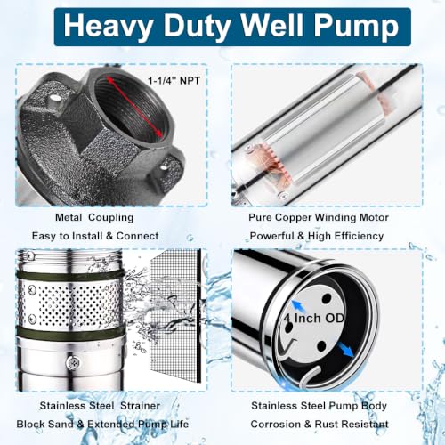 Deep Well Submersible Pump, 1HP 110V Deep Well Pump Stainless Steel with Control Box and 50FT Power Cord, 25GPM 150FT Lift,Heavy Duty Water Pumps for Industrial, Irrigation & Home Use - size: 1/2HP-110V+Control Box