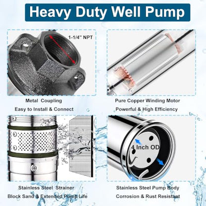 Deep Well Submersible Pump, 1HP 110V Deep Well Pump Stainless Steel with Control Box and 50FT Power Cord, 25GPM 150FT Lift,Heavy Duty Water Pumps for Industrial, Irrigation & Home Use - size: 1/2HP-110V+Control Box