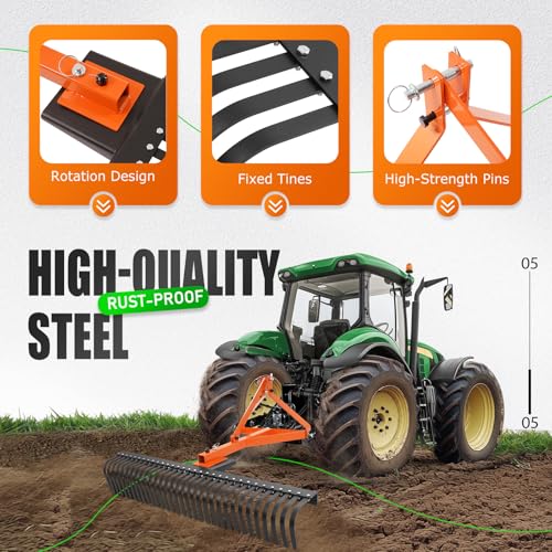 KUAFU 60 in Landscape Rake Compatible with Category-1 Tractor 3 Point - style: Orange