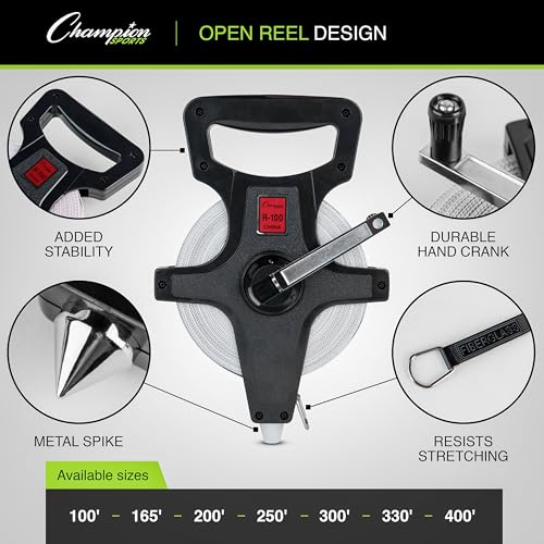 Champion Sports Open Reel Measuring Tapes – Durable Hand Crank with Metal Spike, Dual-Sided Feet & Meters, Perfect for Track & Field and Long Jump, 250 Feet/75 Meters - size: 75 m