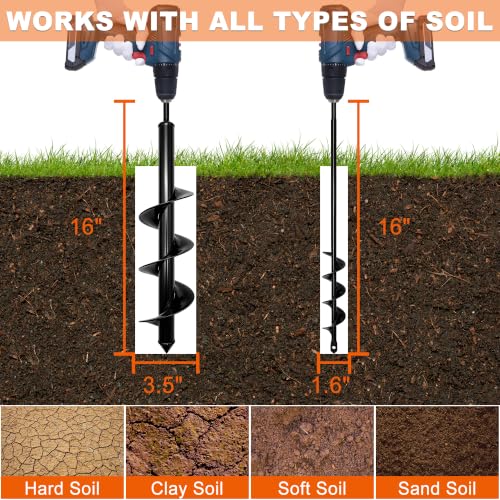Auger Drill Bit for Planting Set,2 Pack 1.6"x16" & 3.5"x16" Spiral Post Hole Diggers for 3/8" Hex Drive Drill,Garden Spiral Hole and Bulb Planter Tool,Perfect for Bulbs,Fence Posts,Umbrella Holes - size: 1.6"x16"+3.5"x16"