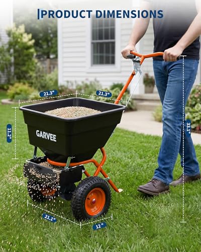 Garvee 100LBS Push Lawn Spreader, Broadcast Spreader with Hopper Grate - color: 100LB+Orange