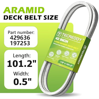 429636 197253 Mower Deck Belt for Craftsman 42 Inch 592855001 598559101 Husqvarna YTH22V42 YTH1942 YTH18542 Poulan AYP 532429636 532197253 - Aramid Cord, 1/2" x 101.2" - size: 101.2"L x 0.5"W