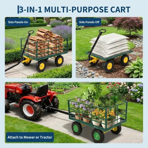 4-in-1 Heavy Duty Steel Garden Yard Cart - 1500 lbs Capacity - 13 Inch All-Terrain Wheels - Removable Mesh Sides - Dark Green Frame, Yellow Hubs, Black Handlebars