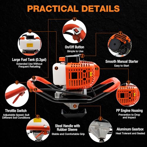 Gas Powered Earth Auger, 52cc 2-Stroke Post Hole Digger with 4", 6", 8" Bits & 12" Extension Bar, Heavy Duty Posthole Diggers for Earth Burrowing Drilling & Post Hole Digging