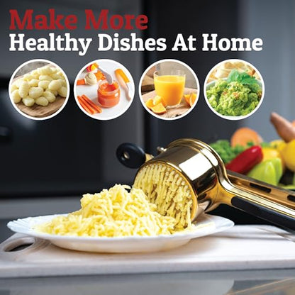 PriorityChef Large 15oz Potato Ricer, Heavy Duty Stainless Steel Potato Masher and Ricer Kitchen Tool, Press and Mash Kitchen Gadget For Perfect Mashed Potatoes - Everytime, Gold and Black - color: Gold