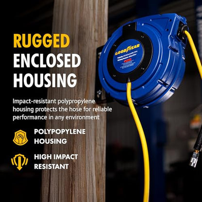 Goodyear Air Hose Reel Retractable 3/8" Inch x 50' Foot Hybrid Polymer Hose Max 300PSI Commerical Polypropylene Construction - color: Air/Water Reel