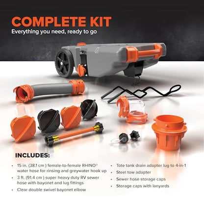 Camco Rhino 28-Gallon Camper/RV Tote Tank - Features Large Heavy-Duty No-Flat Wheels & Built-in Gate Valve - Removable Steel Tow Adapter, 3’ Sewer Hose & More RV Accessories (39004) - size: 28 Gallon, style: Heavy Duty (2 Wheel)