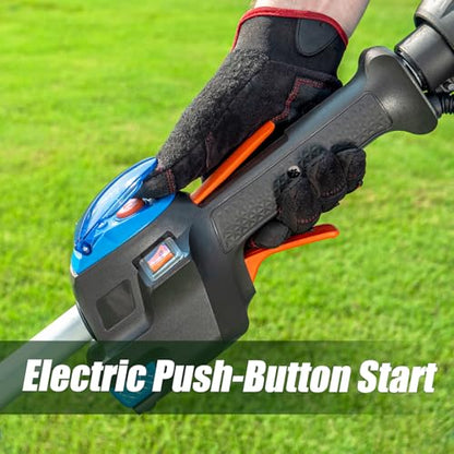 LawnMaster 25cc 2-Cycle Gas String Trimmer with No-Pull Electric Start 17-Inch Cutting Swath Multi-Attachment System 420mL Fuel Tank Lightweight Curved Shaft Design