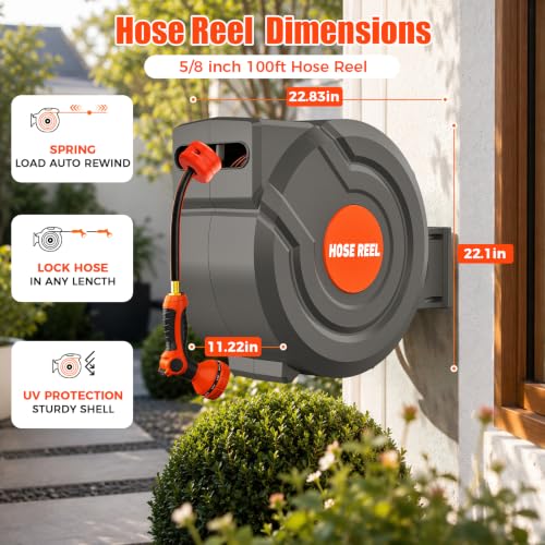 100FT Retractable Garden Hose Reel 5/8 Inch Heavy Duty Wall Mounted Retractable Hose Reel with 9-Pattern Nozzle, 180° Swivel Auto Rewind, Any Length Lock Water Hose Reel for Yard Garden Car Washing - size: 100ft 5/8inch