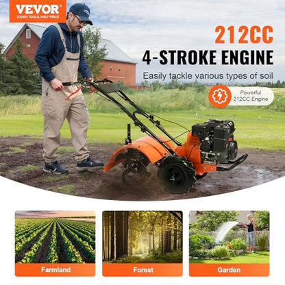 VEVOR Tiller Cultivator, 212CC 4-Stroke Garden Cultivator, Tiller with 4 Steel Adjustable Rear Tines for Lawn, Garden and Field Soil Cultivation - size: 212CC,4-Stroke
