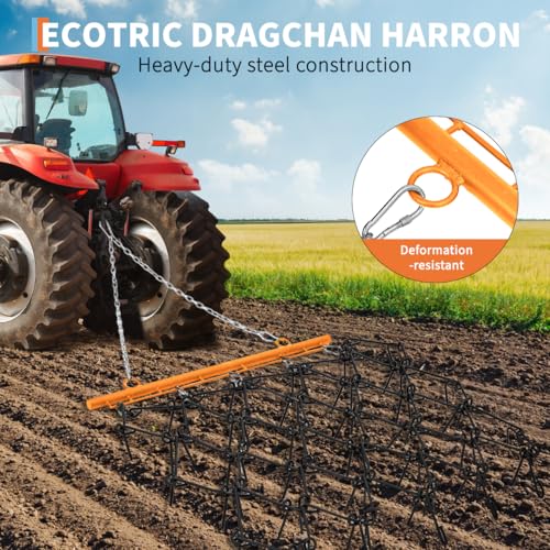 Hipicute Drag Harrow, 4' x 4' Heavy Duty Chain Harrow with One Chain and Fixed Cylinder, Fits ATVs UTVs and Lawn/Garden Tractors, 3/8" Tines (Black Harrow & Orange Shank) - size: 4x4 FT