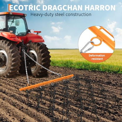 Hipicute Drag Harrow, 4' x 4' Heavy Duty Chain Harrow with One Chain and Fixed Cylinder, Fits ATVs UTVs and Lawn/Garden Tractors, 3/8" Tines (Black Harrow & Orange Shank) - size: 4x4 FT