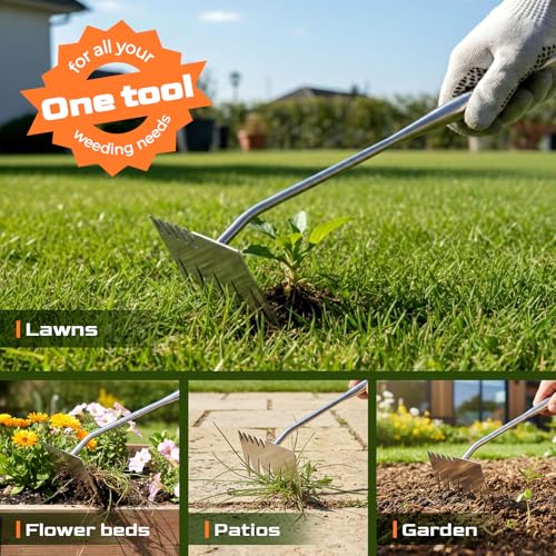 Weed Puller Tool, Heavy-Duty Stainless Steel Garden Hand Weeding Tool - size: 6-tooth